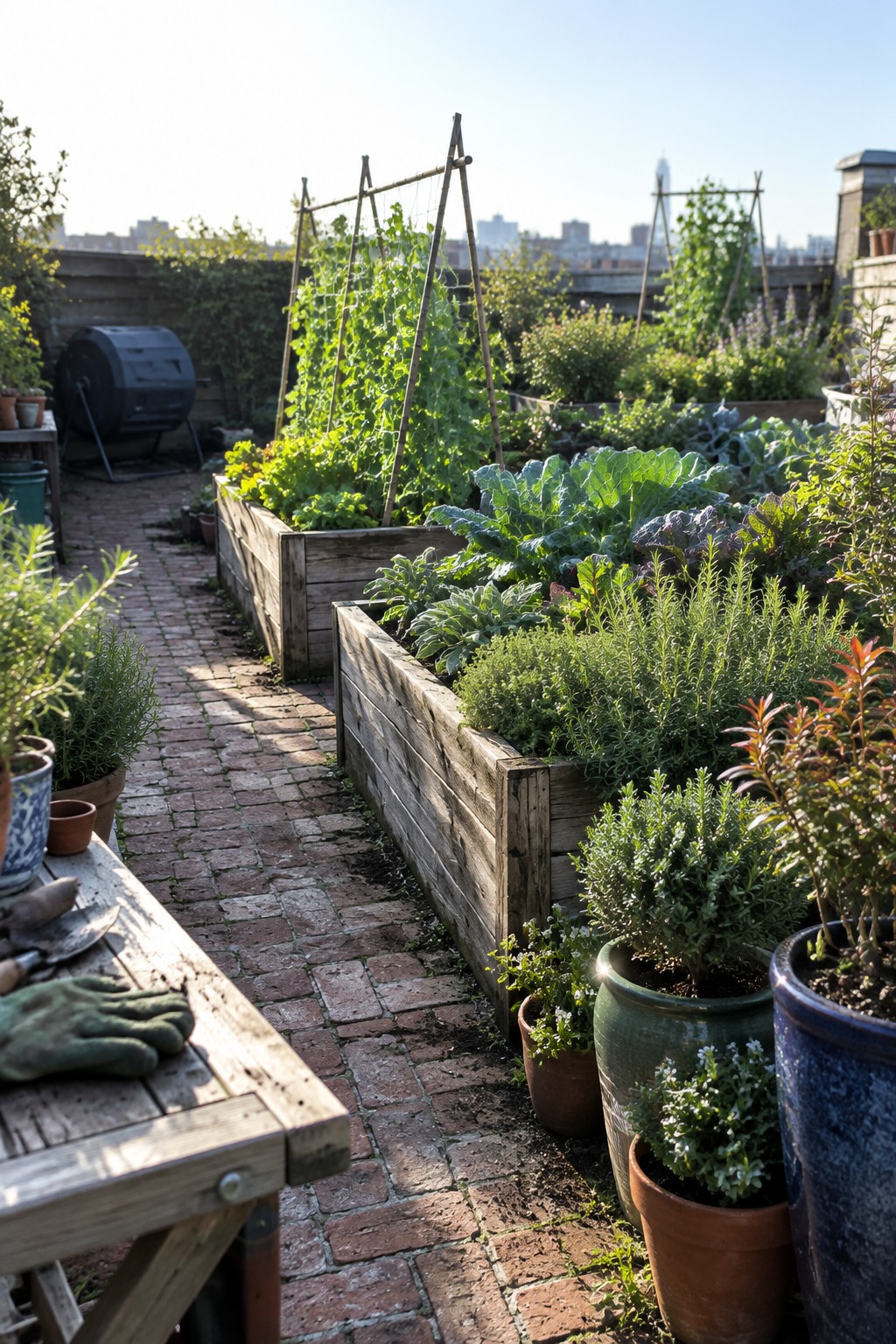 Rooftop garden with wooden raised beds growing vegetables and herbs, surrounded by potted plants along a brick pathway.