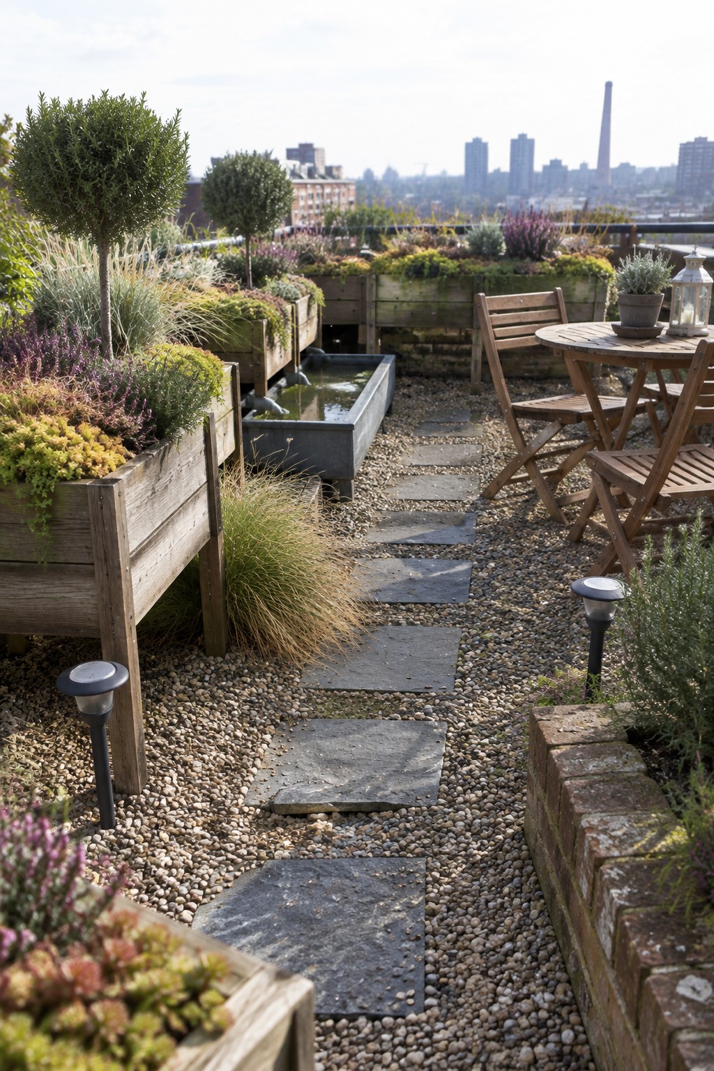 Rooftop garden with multiple wooden raised planters holding assorted plants, a gravel path with stone stepping stones, and a wooden dining table with chairs.