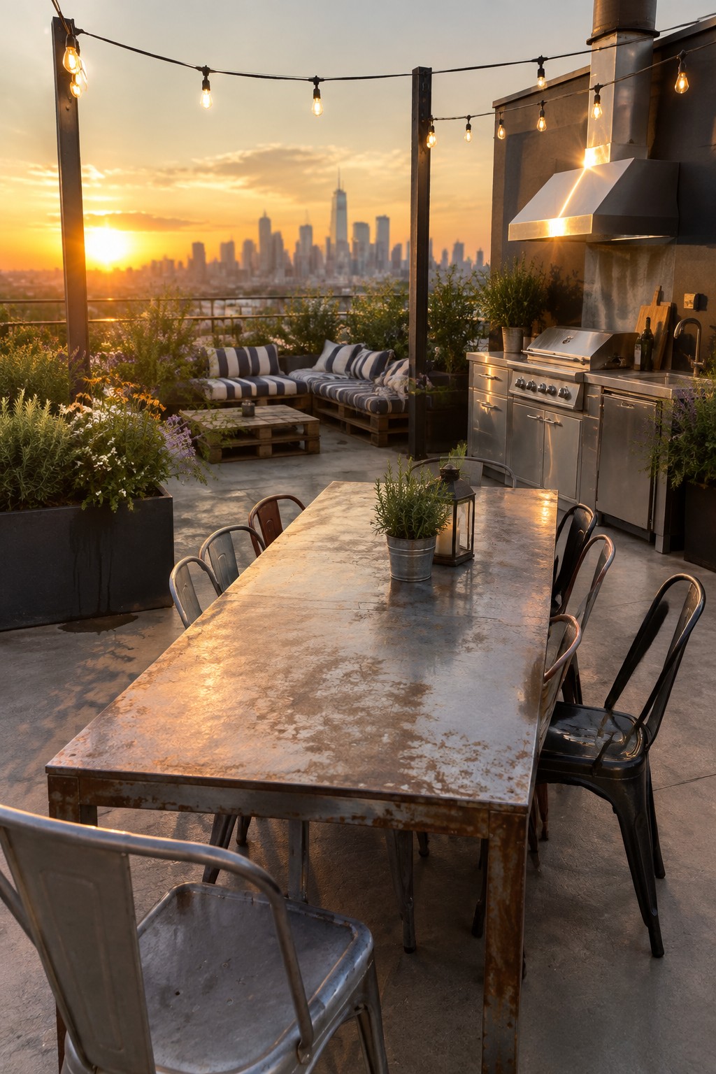 A rooftop terrace at sunset with a long metal dining table, black metal chairs, string lights, an outdoor kitchen, and numerous potted plants overlooking a city skyline.