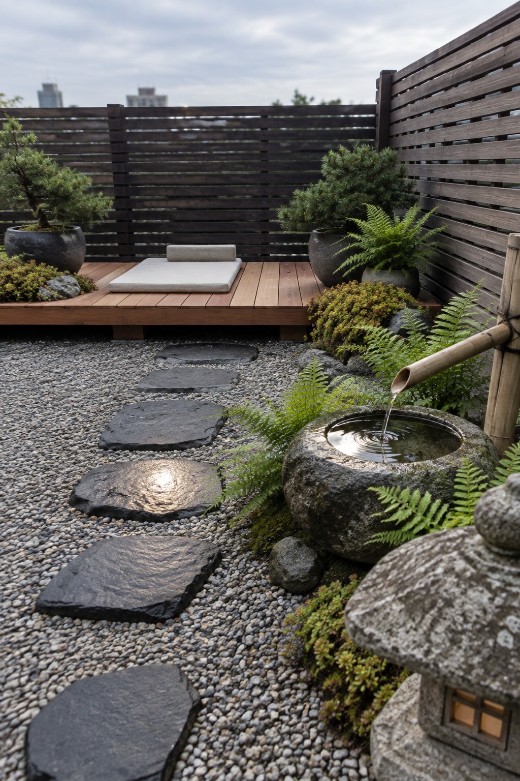 Rooftop garden with wooden deck seating, gravel surface, stone stepping path, large potted evergreen trees and ferns, bamboo water feature, and stone lantern.