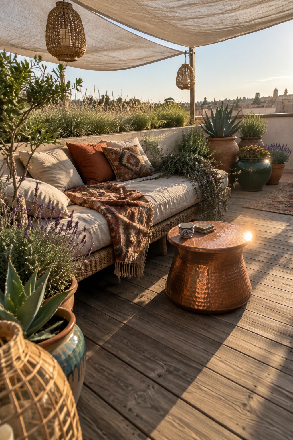 A rooftop terrace with a cushioned sofa, hammered copper table, and assorted potted plants including agave and lavender on a wooden deck under shade cloth.