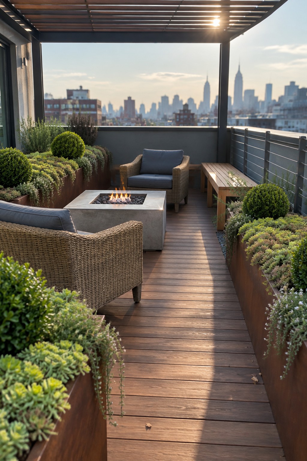 A rooftop terrace with dark wood decking, wicker chairs around a concrete fire pit, and long metal planters filled with green succulents and shrubs overlooking a city skyline.