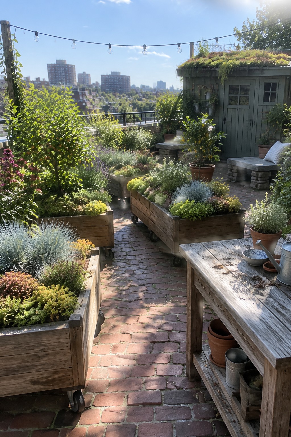 Rooftop garden with multiple wooden planter boxes on wheels along a brick path, surrounded by various plants and a small green shed.