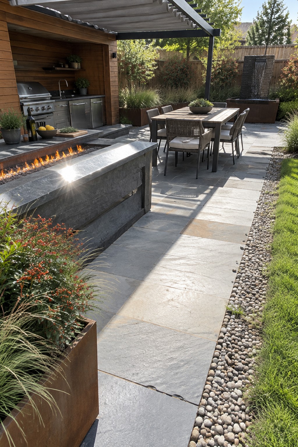 Modern patio with outdoor kitchen, fire feature, dining table, and stone water fountain.