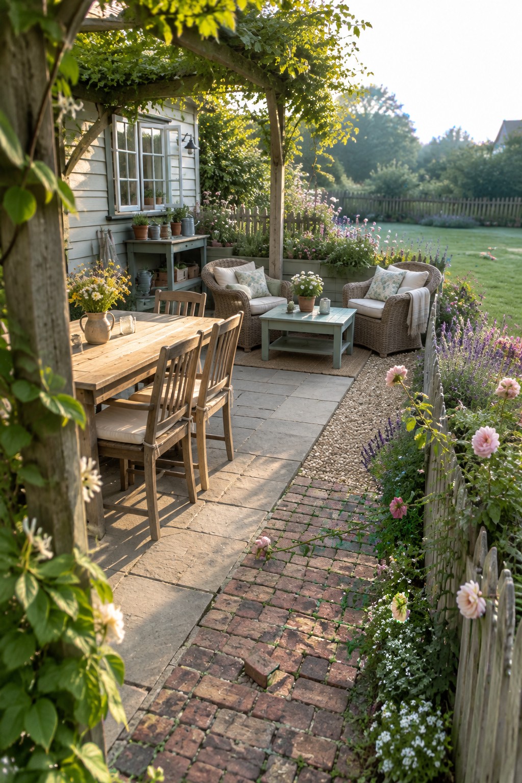 A backyard patio under a wooden pergola features a long dining table with wooden chairs on one side and two wicker armchairs with a coffee table on the other, bordered by brick and stone paths and garden beds.