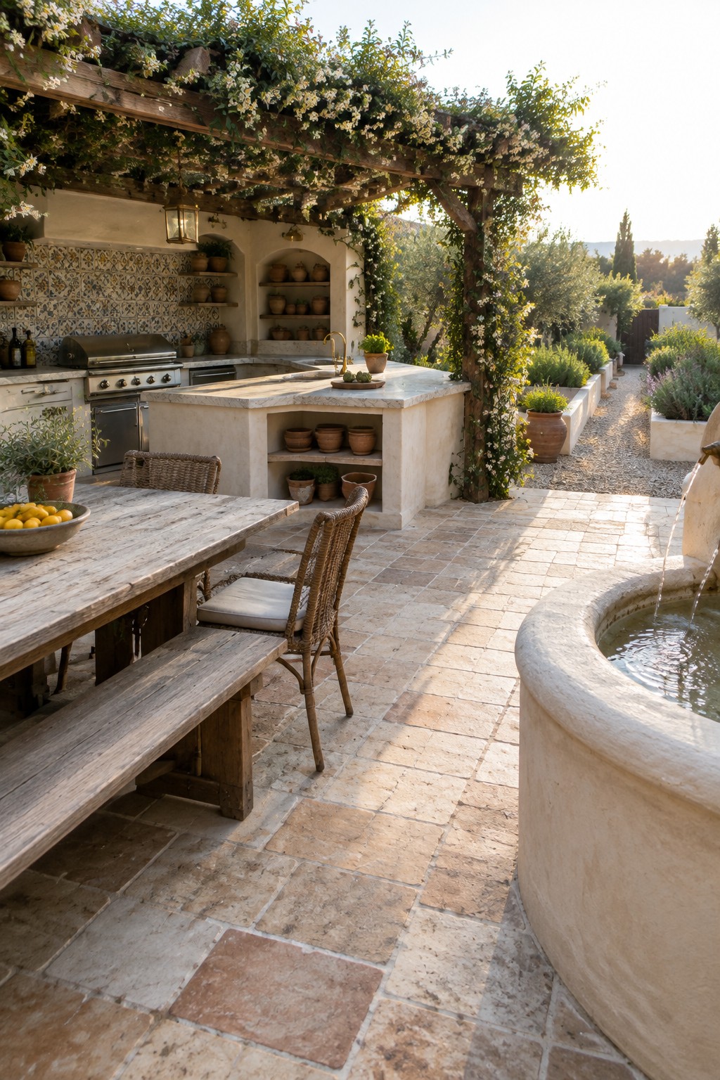 A stone-paved patio with an outdoor kitchen island featuring marble counters and open shelving, a wooden dining table with bench seating, and a circular fountain on the right.
