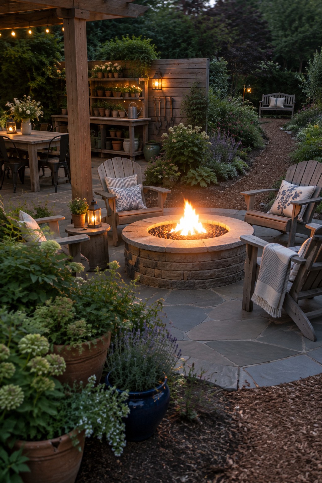 A stone patio at dusk with a large circular fire pit burning at the center, surrounded by wooden Adirondack chairs, a nearby dining table, and potted plants.