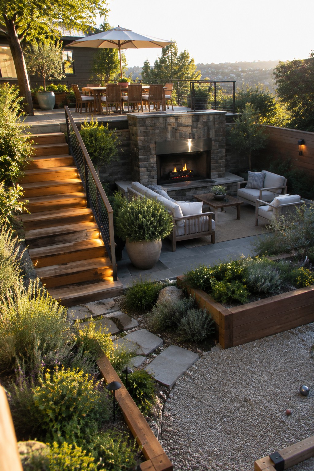 A multi-level backyard patio with a large stone fireplace, surrounding lounge seating, wooden stairs, and raised garden beds.