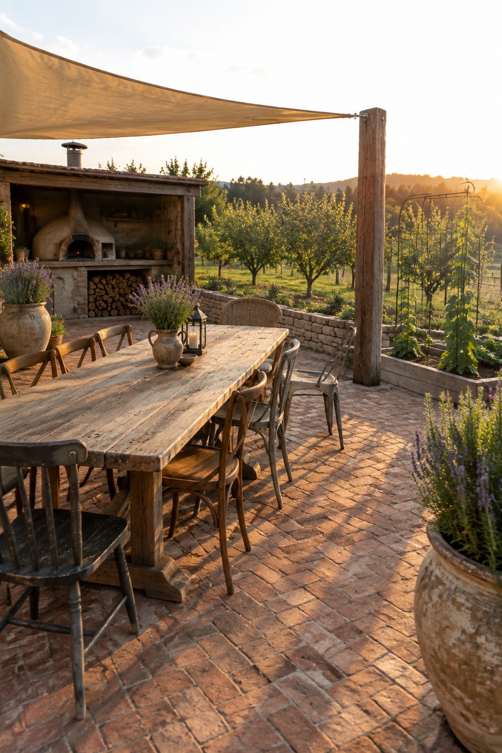 A long wooden dining table with mixed chairs sits on a brick patio beside an outdoor oven and raised garden beds.