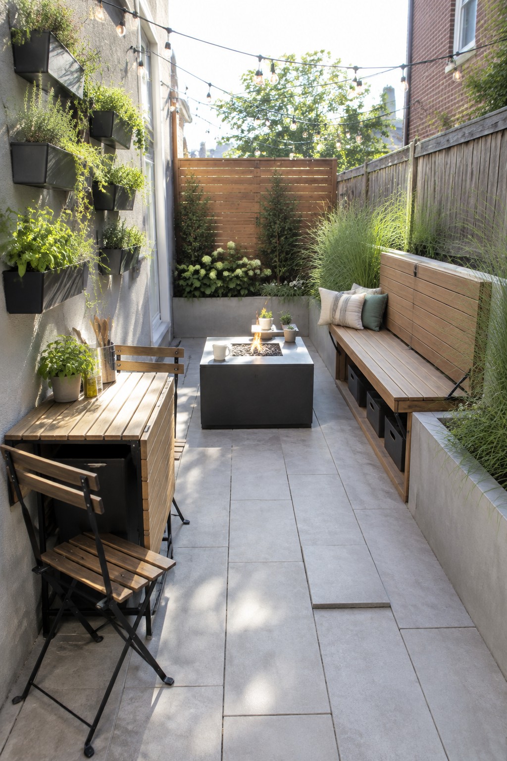A narrow paved patio with a central dark fire pit table, a long wooden bench with storage bins underneath on the right side, and vertical wall planters on the left wall.