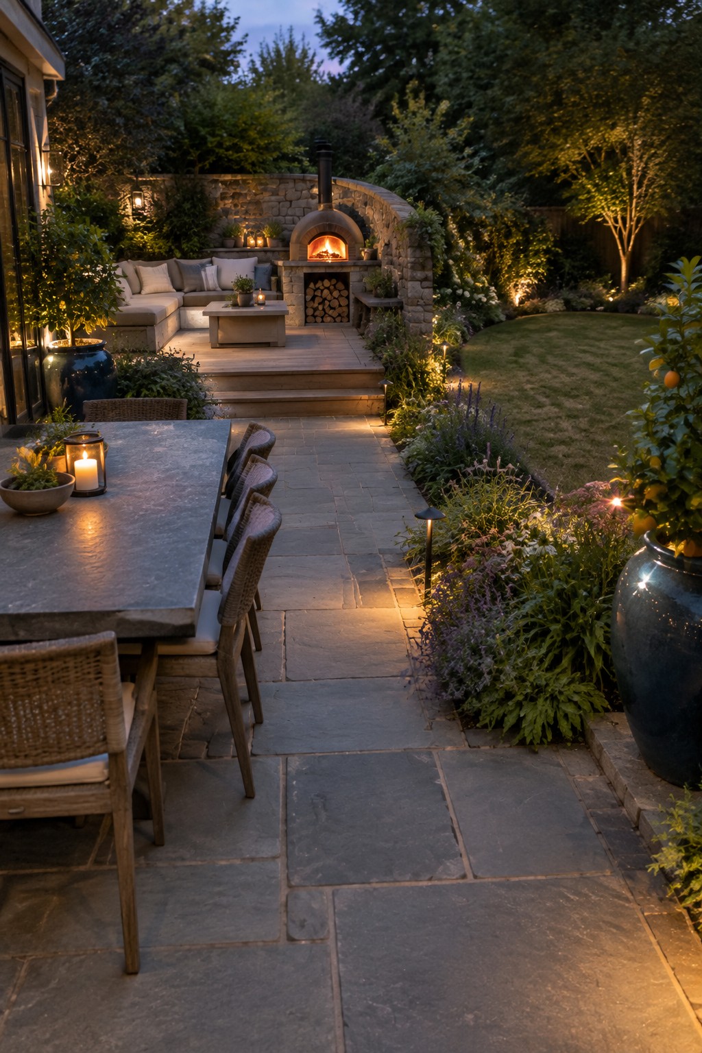 Stone patio dining table leads to glowing fireplace amid lush evening garden seating.
