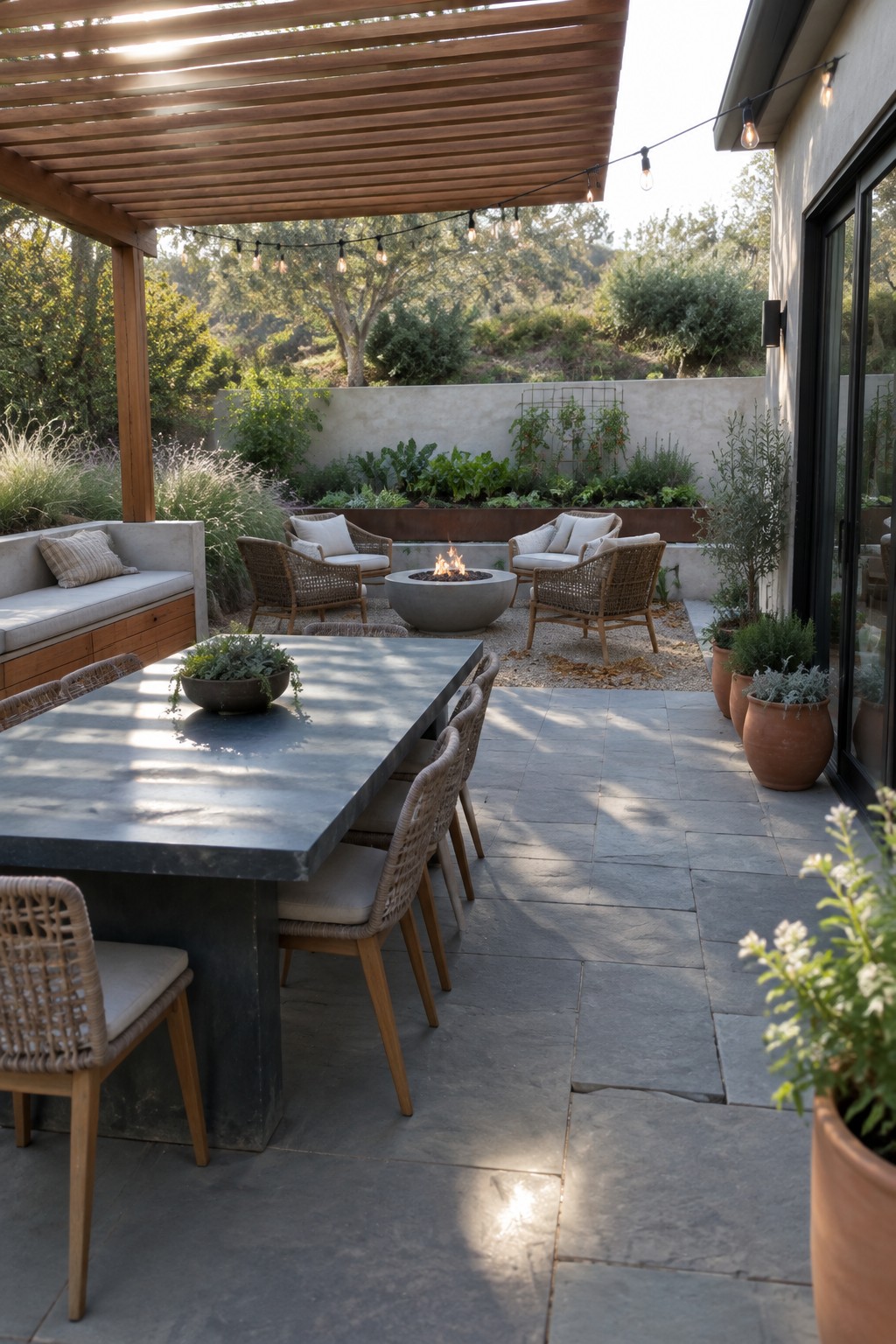 A stone patio with a long concrete dining table on the left and a round fire pit surrounded by woven chairs on the right, under a wooden pergola with string lights.