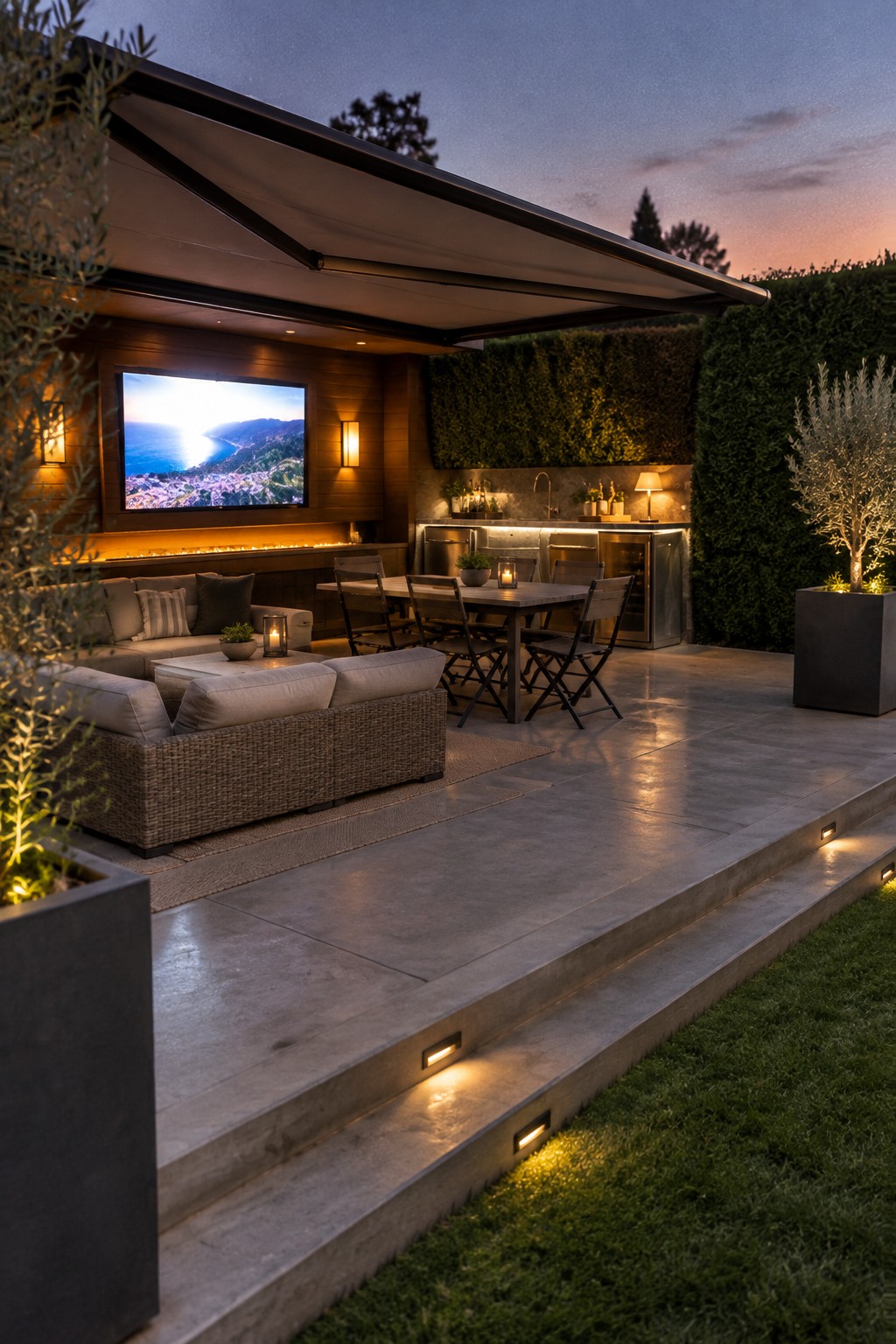 A covered patio at dusk shows a woven sectional sofa on the left, a wooden dining table with chairs in the center, and an outdoor kitchen along the back wall with a mounted television above the seating.