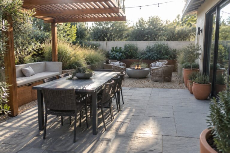 22 Functional Backyard Landscaping Ideas Centered on Multi-Use Patios A stone patio with a long concrete dining table on the left and a round fire pit surrounded by woven chairs on the right, under a wooden pergola with string lights.