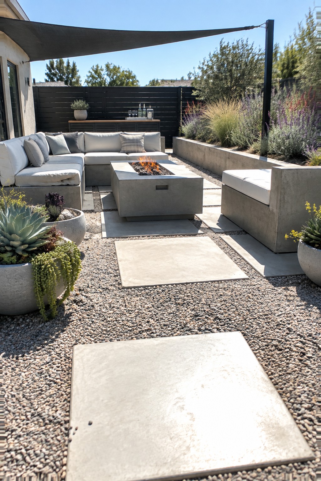 An outdoor patio centered on a rectangular concrete fire pit with modular concrete seating, pavers set in gravel, and potted plants along the edges.