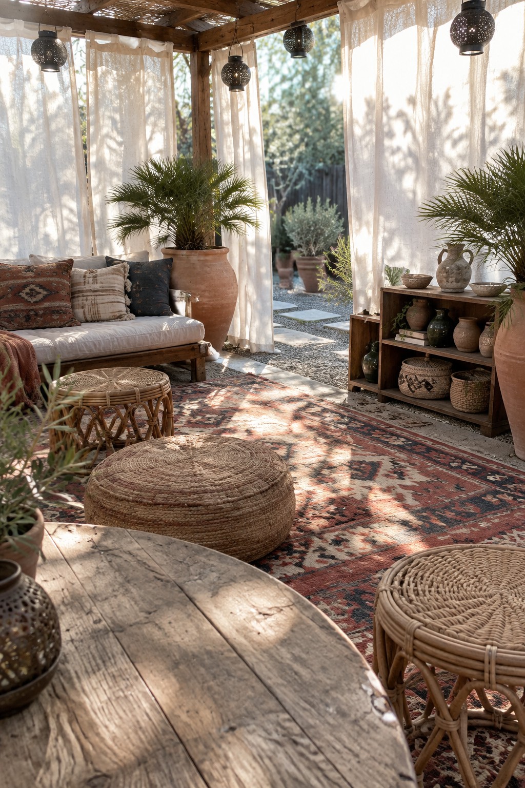 An outdoor covered patio with a large patterned rug, wooden daybed with pillows, woven poufs and stools, potted plants, and hanging lanterns on a gravel surface.
