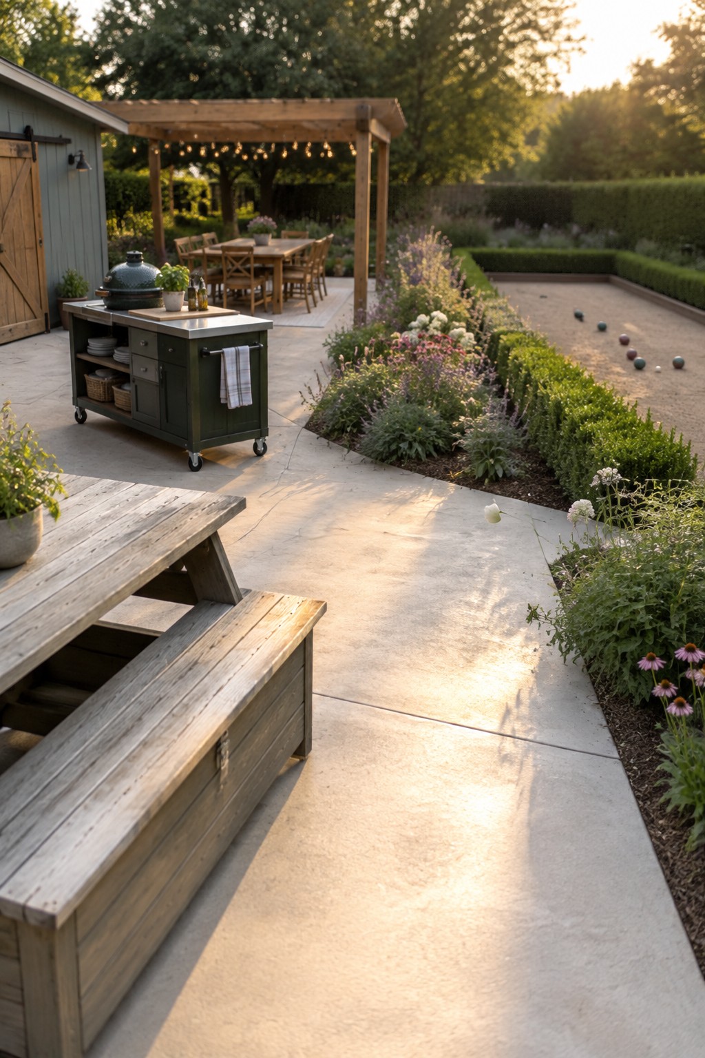 Backyard patio with picnic table, green kitchen island, pergola, and flower garden at sunset.
