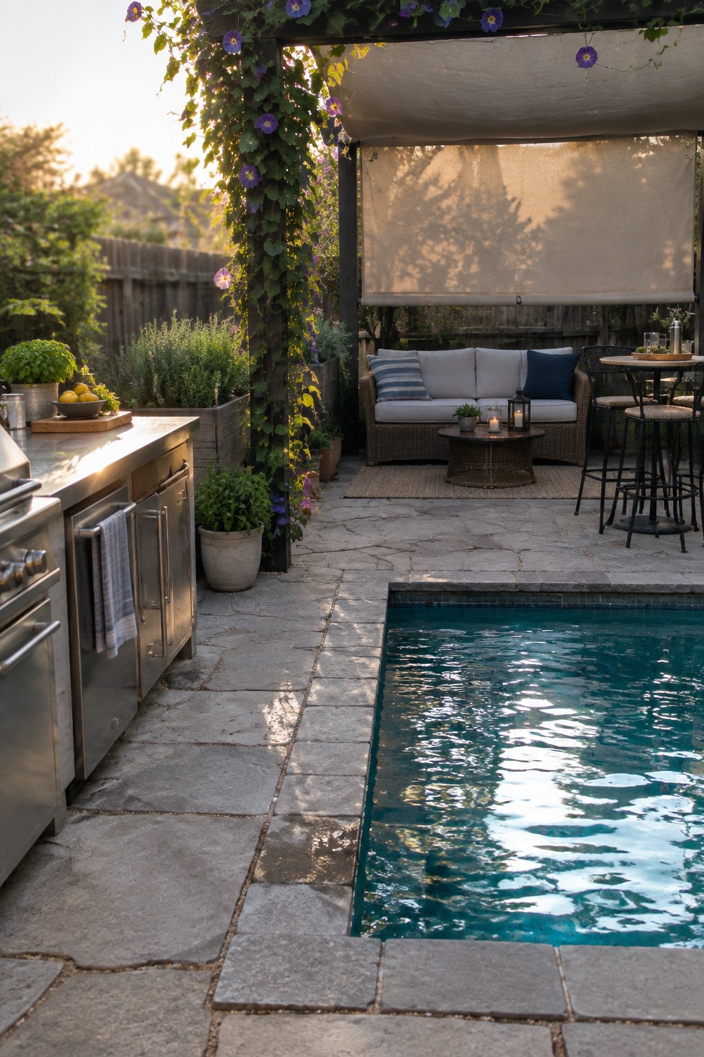 A backyard patio with a stainless steel outdoor kitchen on the left, a wicker sofa under a pergola in the center, and a swimming pool on the right.