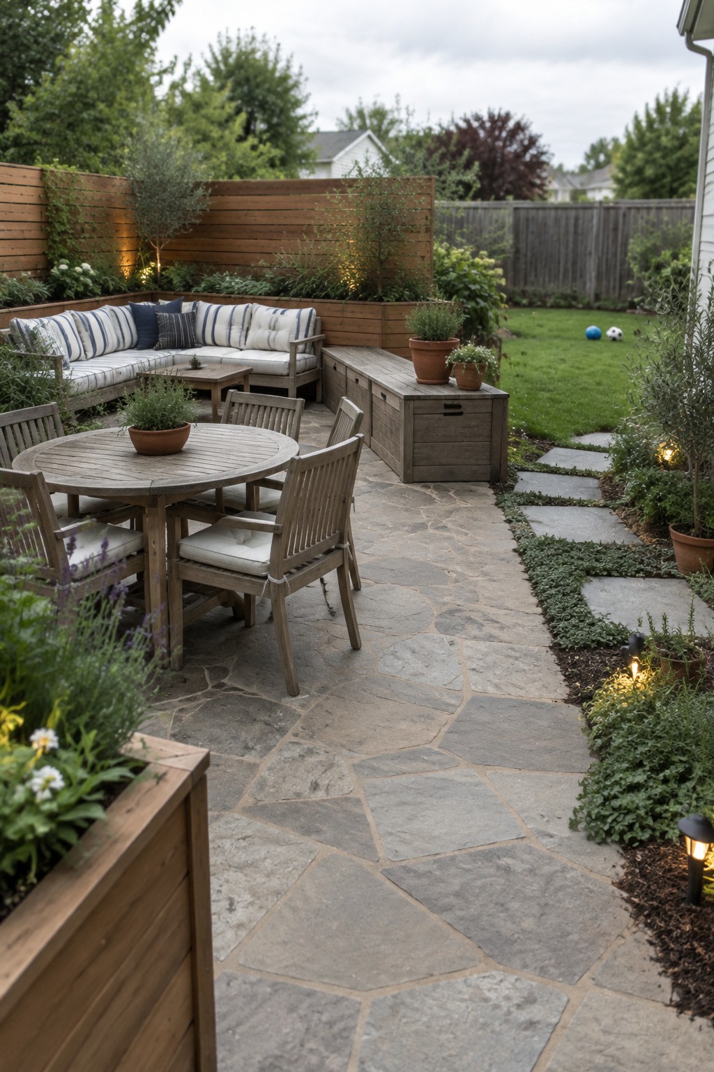 A backyard patio featuring a round wooden dining table with chairs, a built-in bench with cushions along a fence, and stone pavers leading toward a lawn.