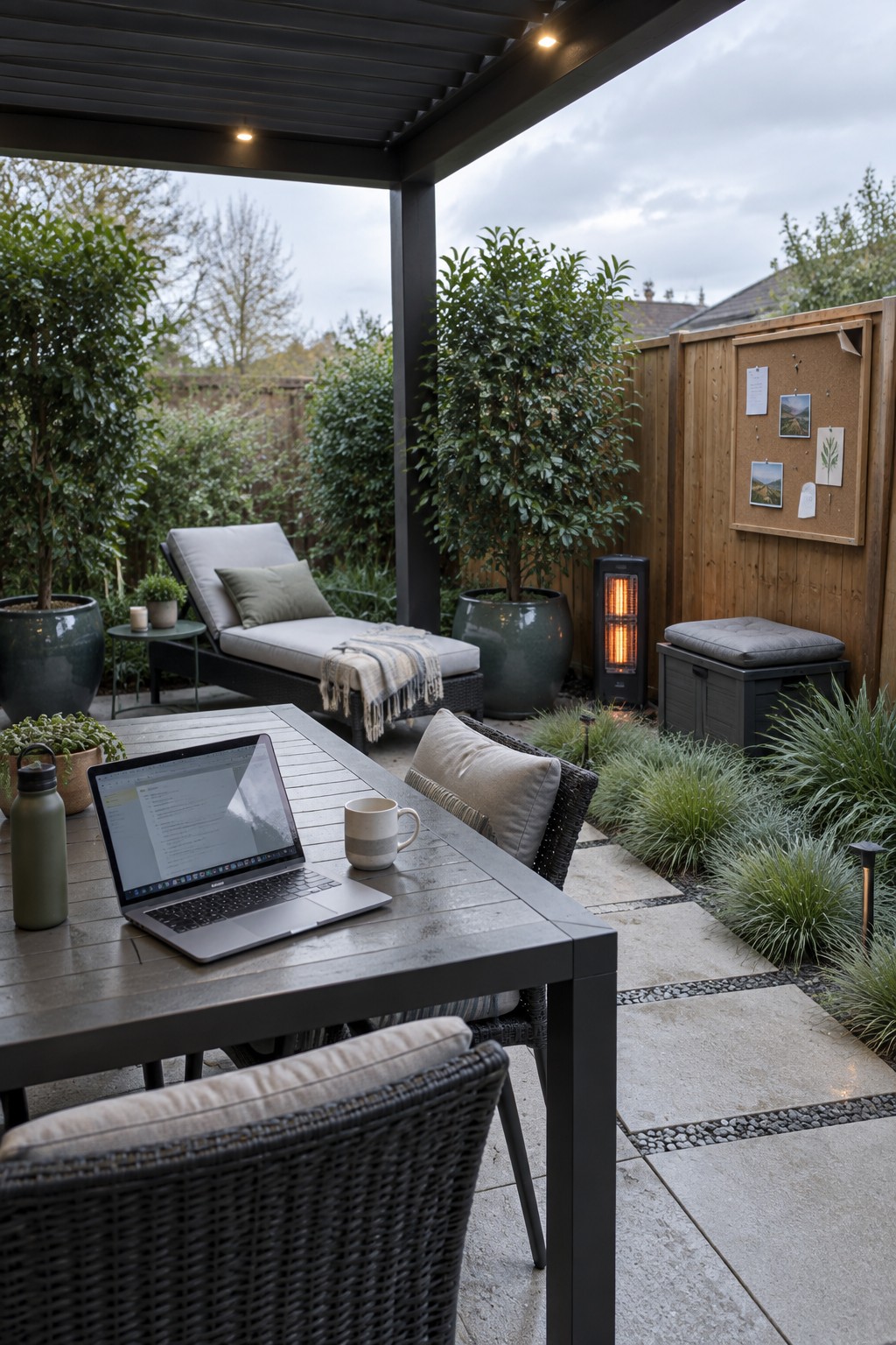 A covered patio features a dark outdoor table with a laptop and mug, surrounded by woven chairs, with a lounge chair, potted plants, and a heater visible in the background.