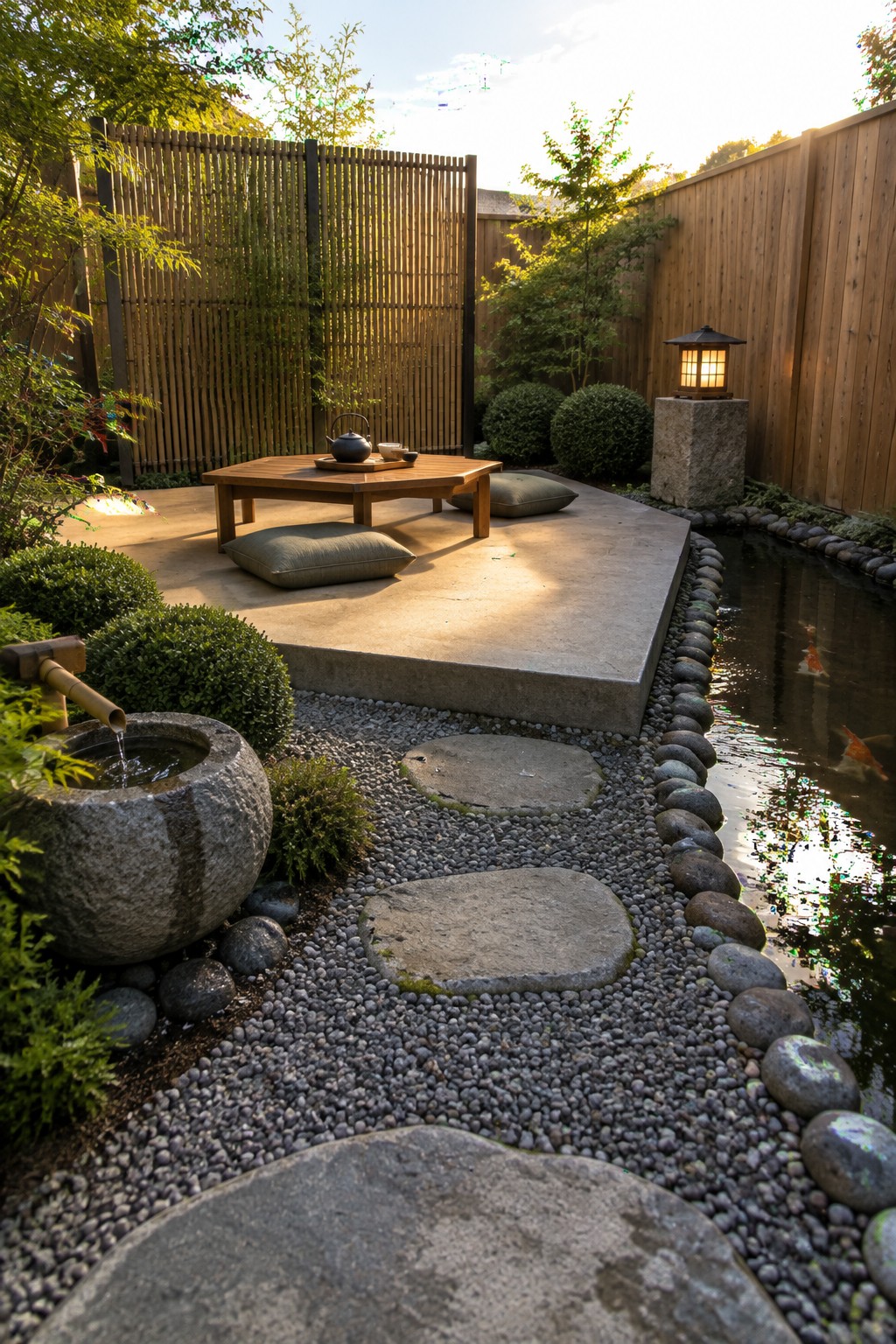 A raised concrete patio with a low wooden table and cushions sits next to a koi pond, with stepping stones across gravel leading to the seating area and a bamboo screen in the background.