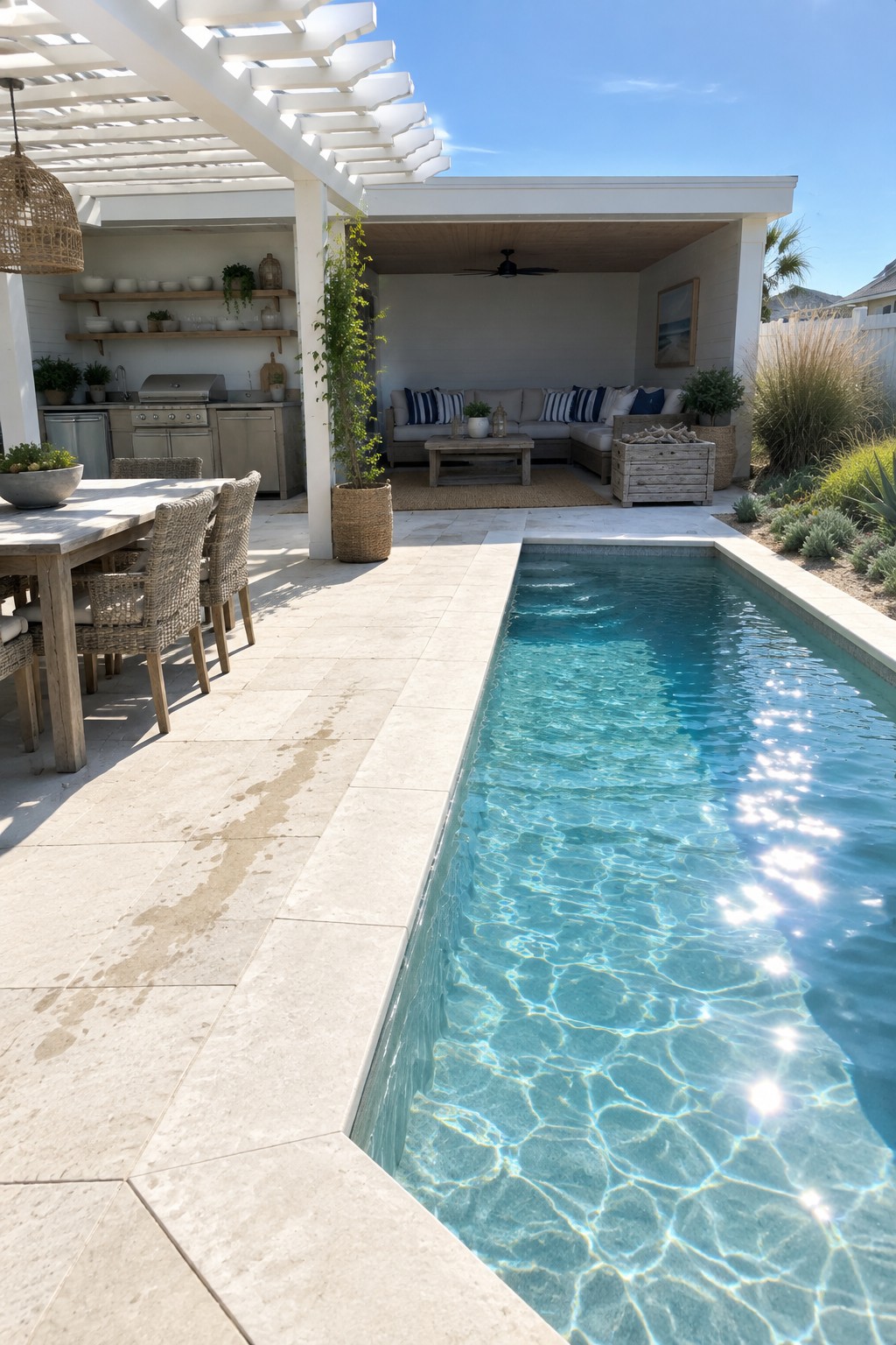 A long rectangular pool runs beside a paved patio that holds a wooden dining table with woven chairs on one end and a covered lounge area with sectional seating on the other.