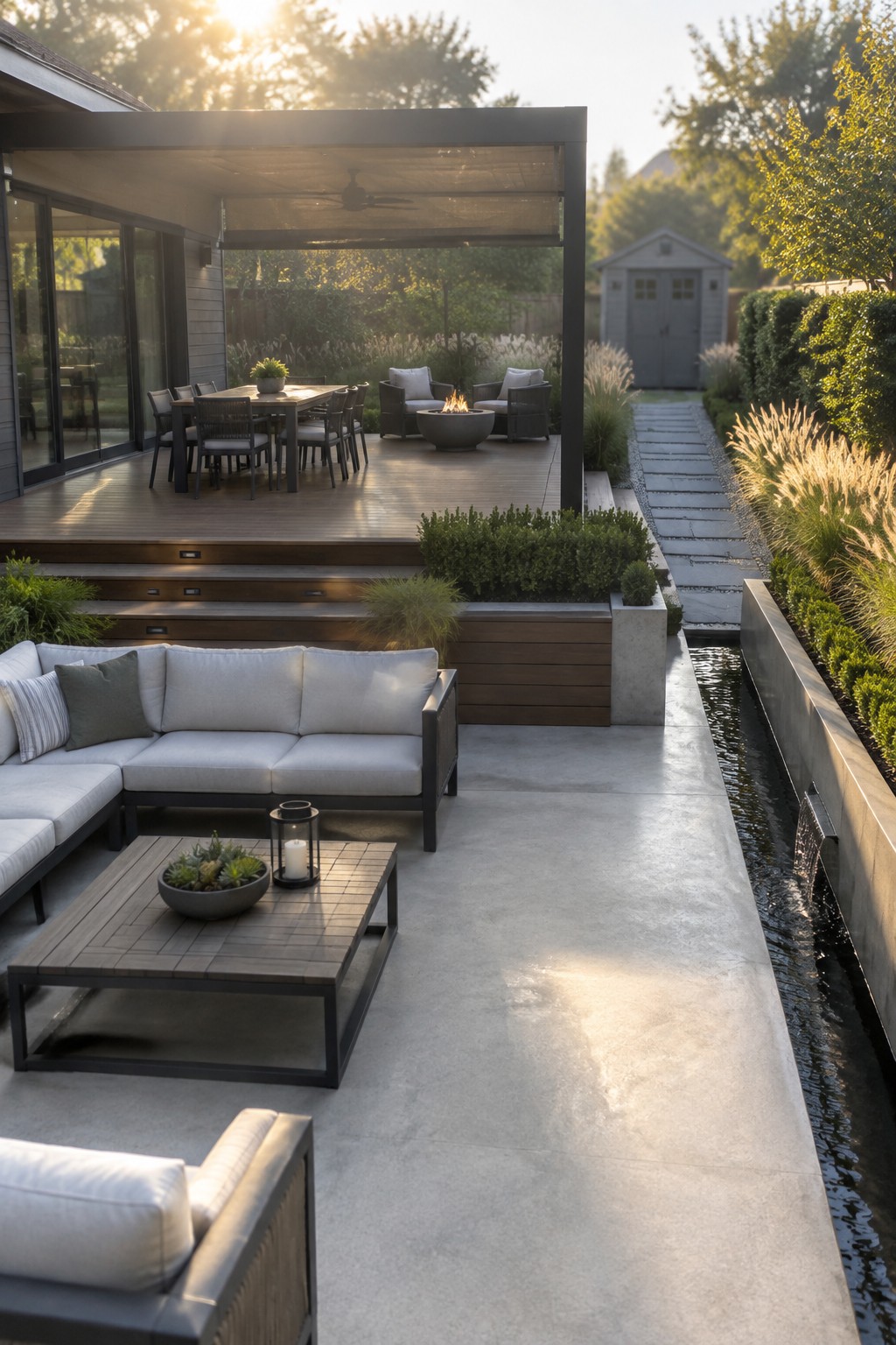 A multi-level backyard patio with a raised wooden deck holding a dining set and fire pit seating, plus a lower concrete area with sofas and a narrow water channel running along the right side.
