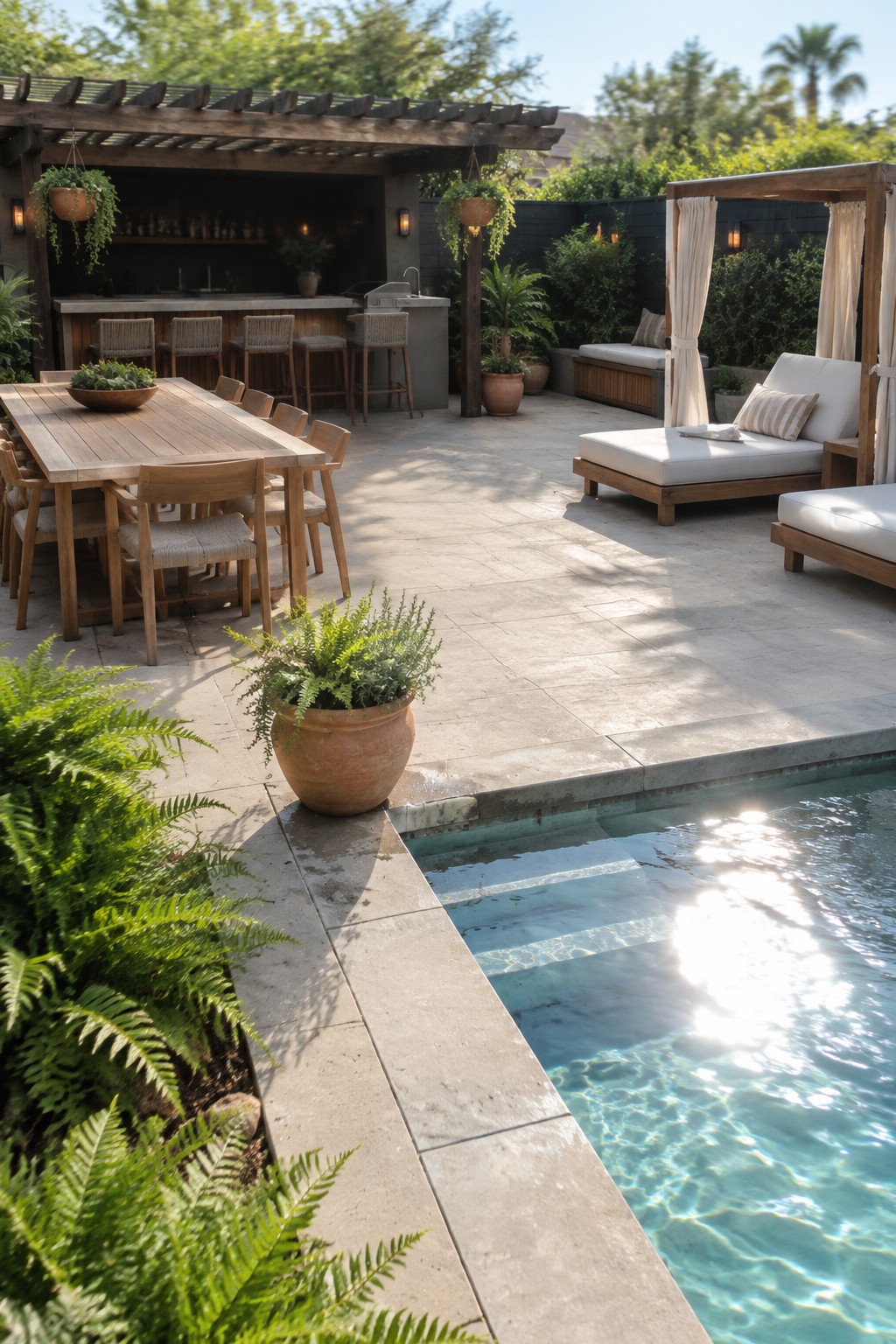 A paved backyard patio with a long wooden dining table, several lounge chairs, a bar under a pergola, potted plants, and a swimming pool along one edge.