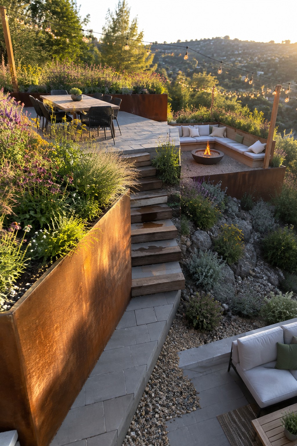 A multi-level backyard patio with an elevated dining area, wooden steps leading down to a lower fire pit seating zone with built-in benches, and surrounding plantings and gravel.