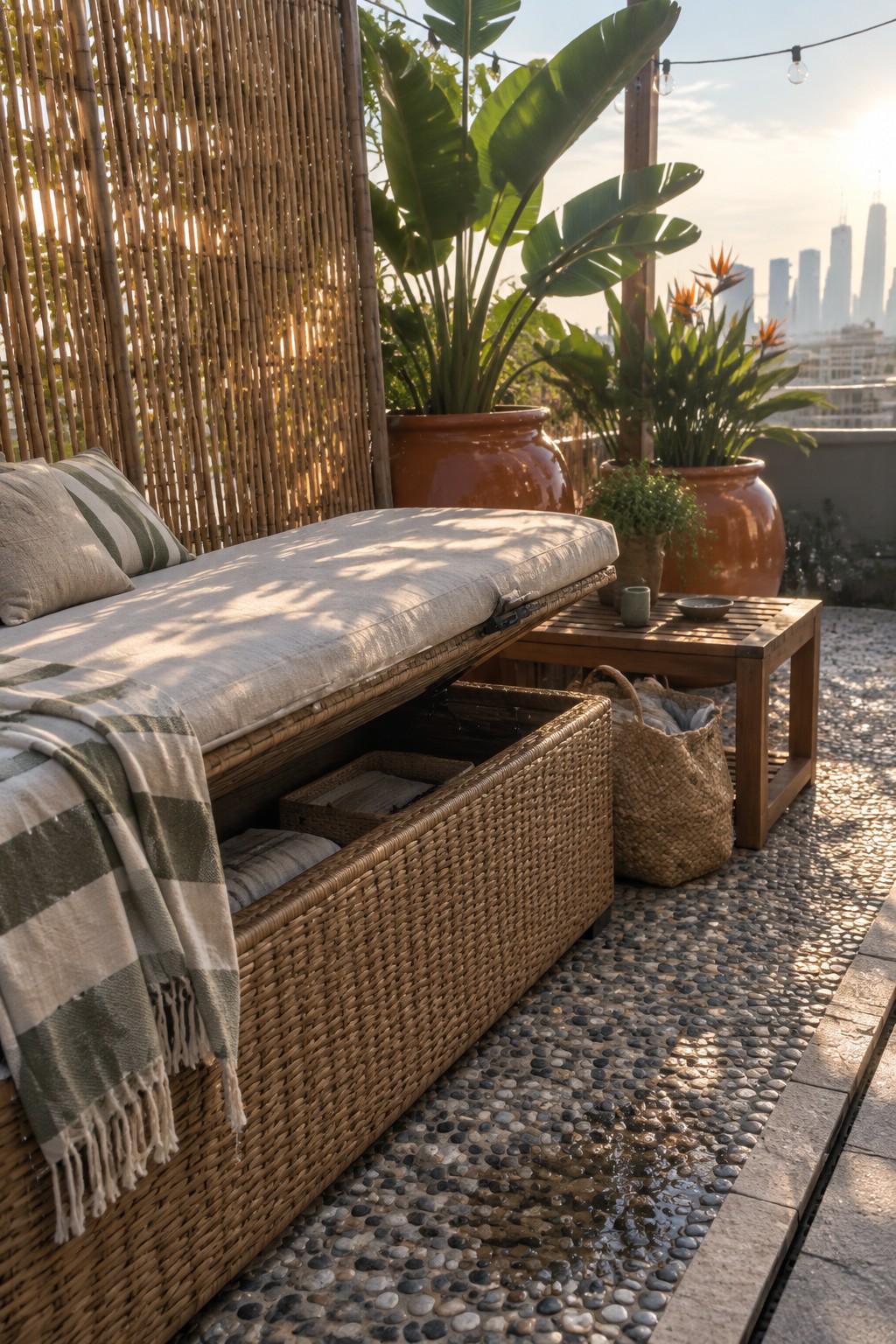 A woven outdoor storage bench with an open lid sits on a pebble rooftop terrace next to potted plants and a small wooden table.