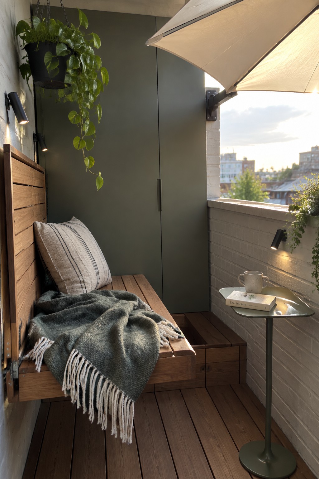 Cozy balcony with wooden bench, green blanket, striped pillow, and side table.