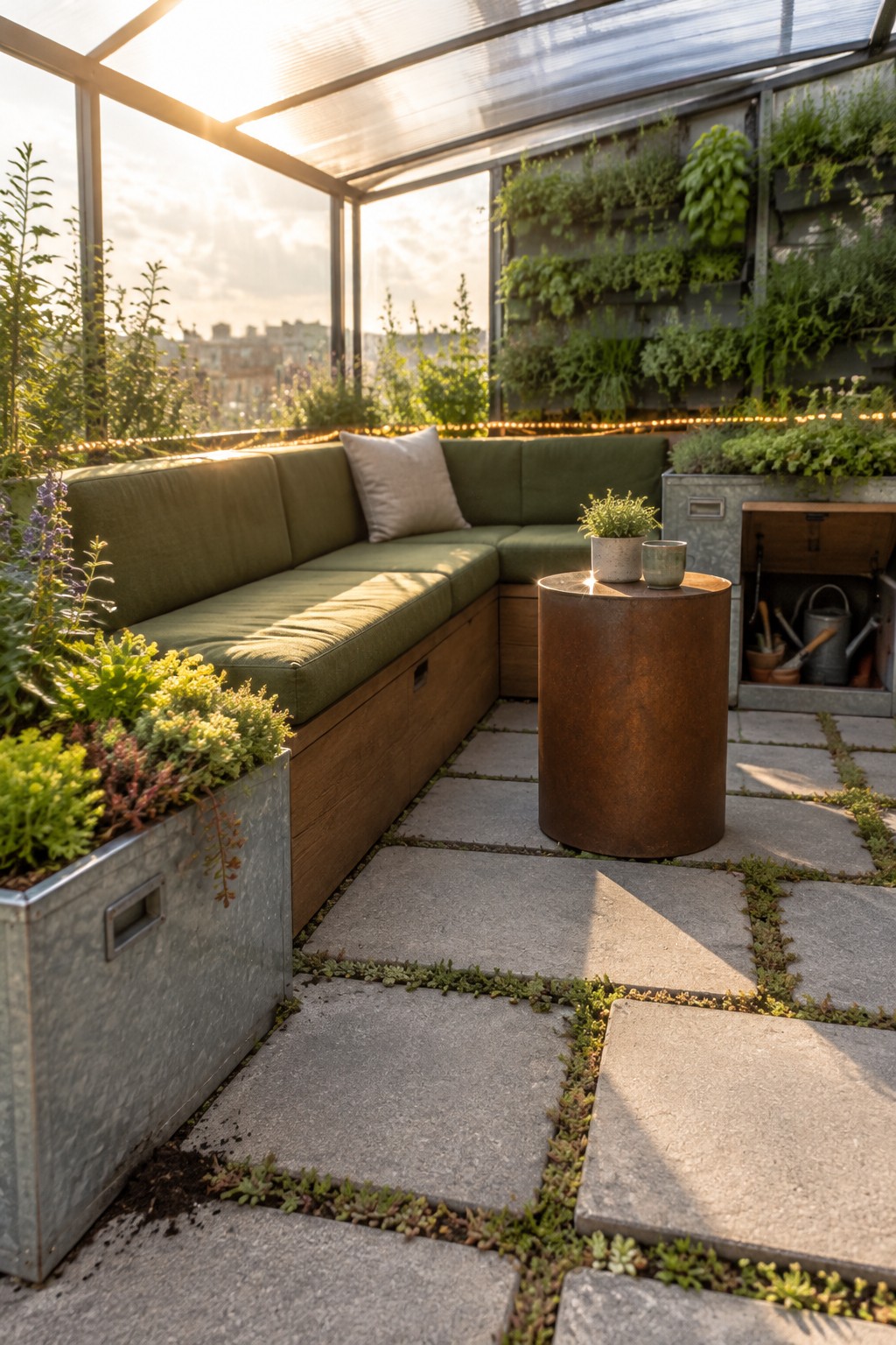 A rooftop terrace corner with green upholstered bench seating on a wooden storage base, metal planters with greenery, and vertical gardens along the back wall.