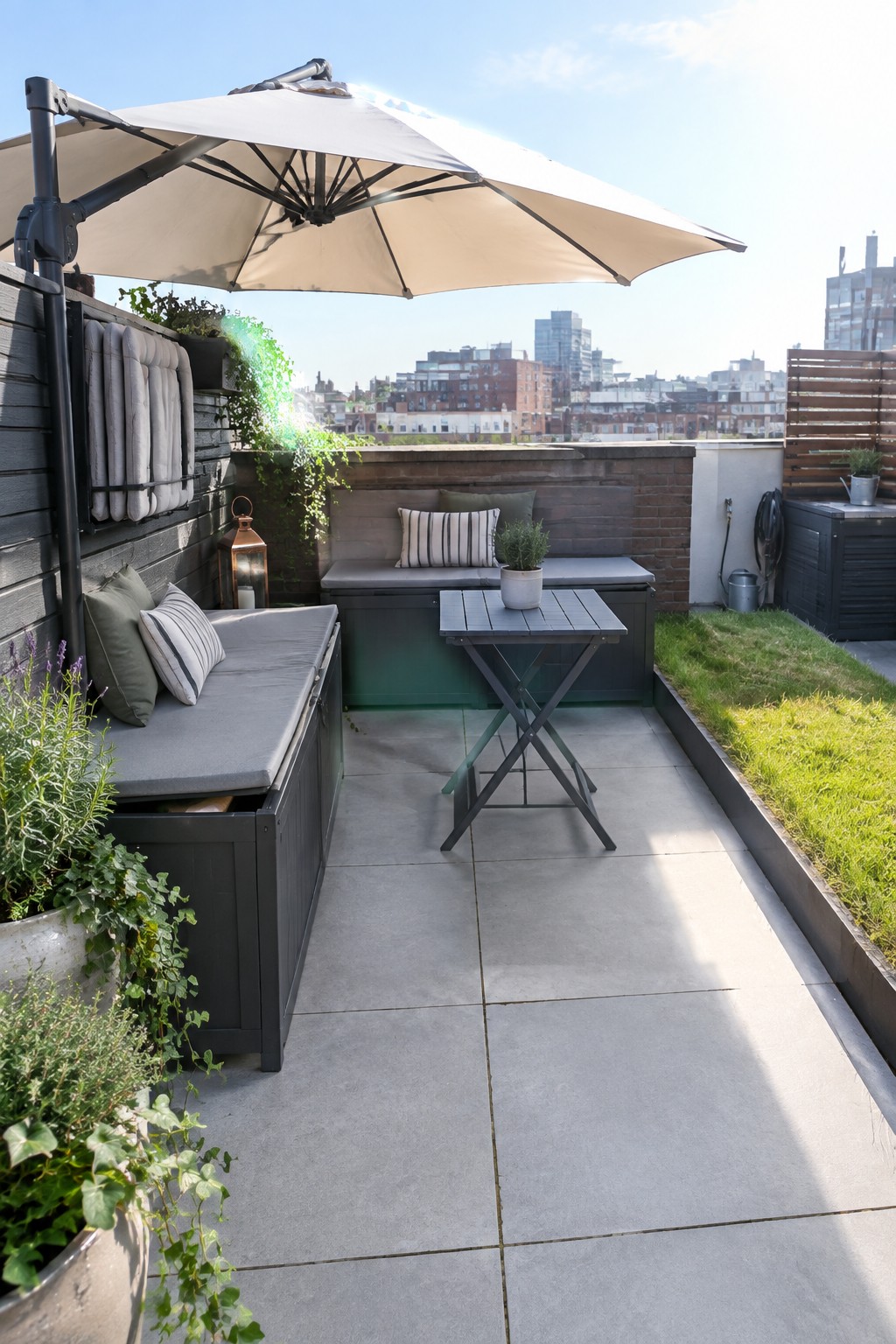 Sunny rooftop patio with gray benches, umbrella, table, plants, and city skyline.