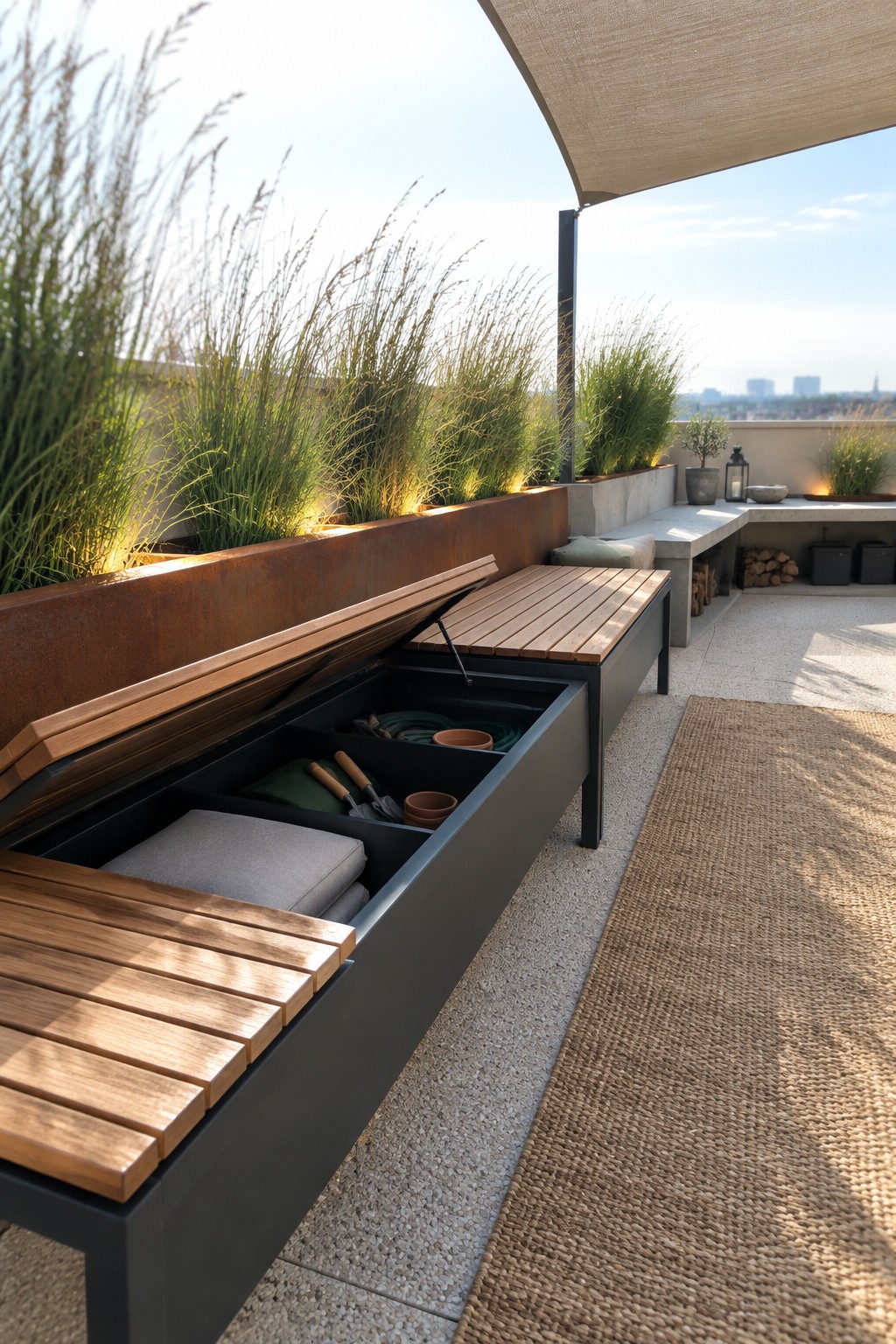 Rooftop terrace with wooden slat benches that lift open to reveal divided black storage compartments holding cushions, gardening tools, and a hose, set beside tall grasses and under a shade sail.