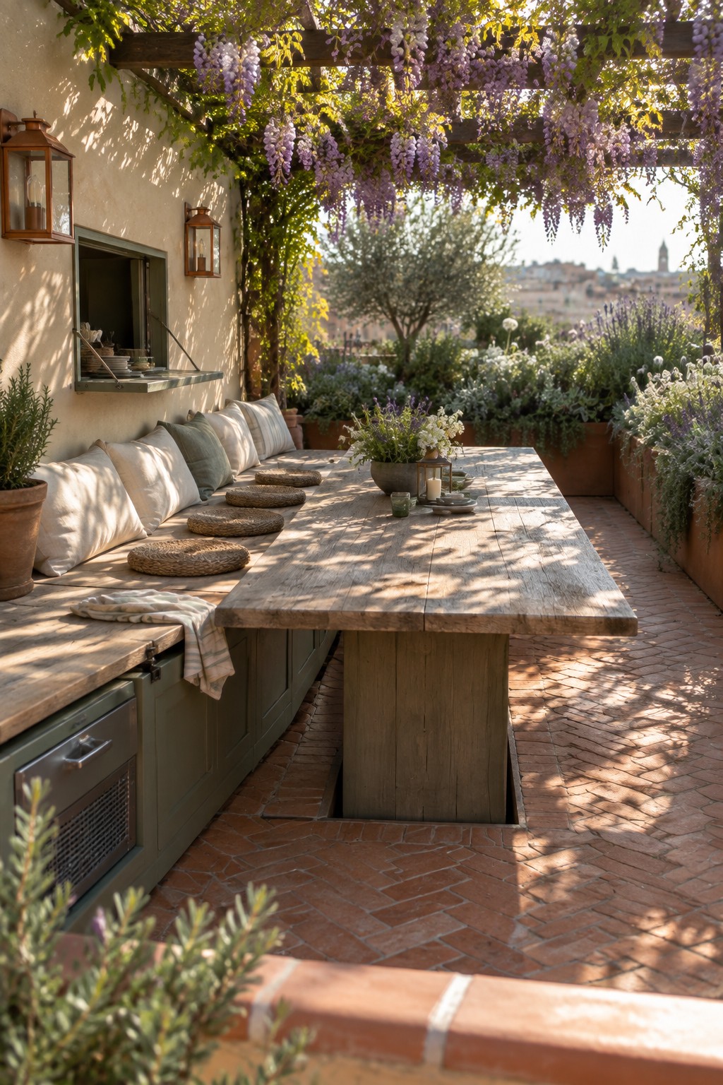 A wooden table on a brick terrace with built-in bench seating along a stucco wall, green storage cabinets below the bench, and a wisteria-covered pergola overhead.