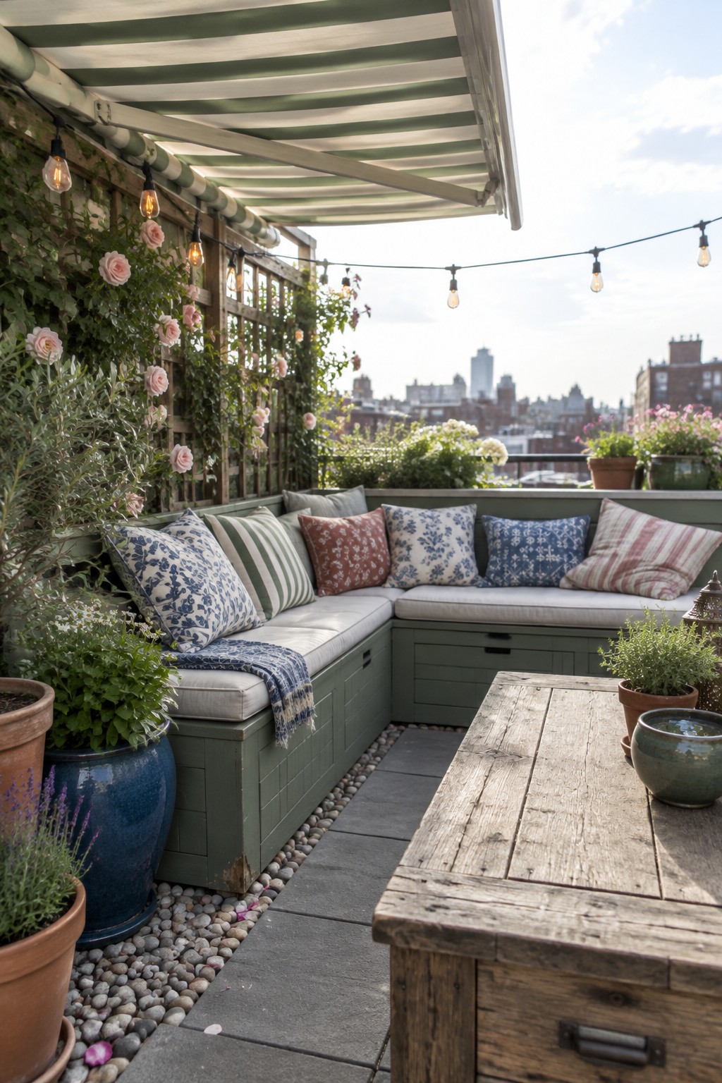 Cozy rooftop patio with green bench, floral pillows, string lights, and city view
