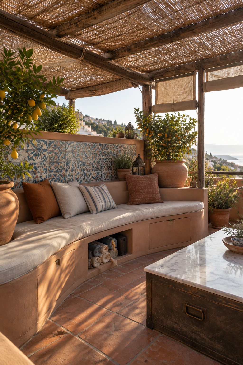 A curved built-in bench with cushions and open storage compartments holding rolled items, set under a thatched roof on a tiled terrace with potted plants.