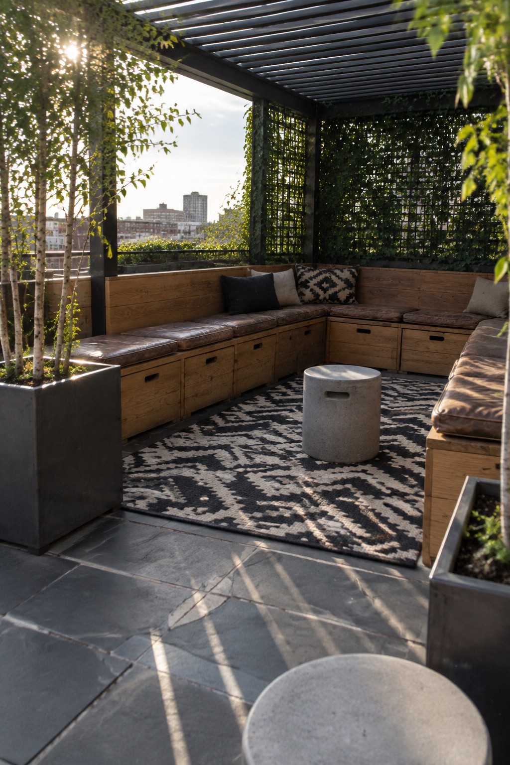 Rooftop terrace with L-shaped wooden bench seating that includes under-seat storage drawers, brown cushions, a black and white patterned rug, concrete stools, and a dark pergola overhead.
