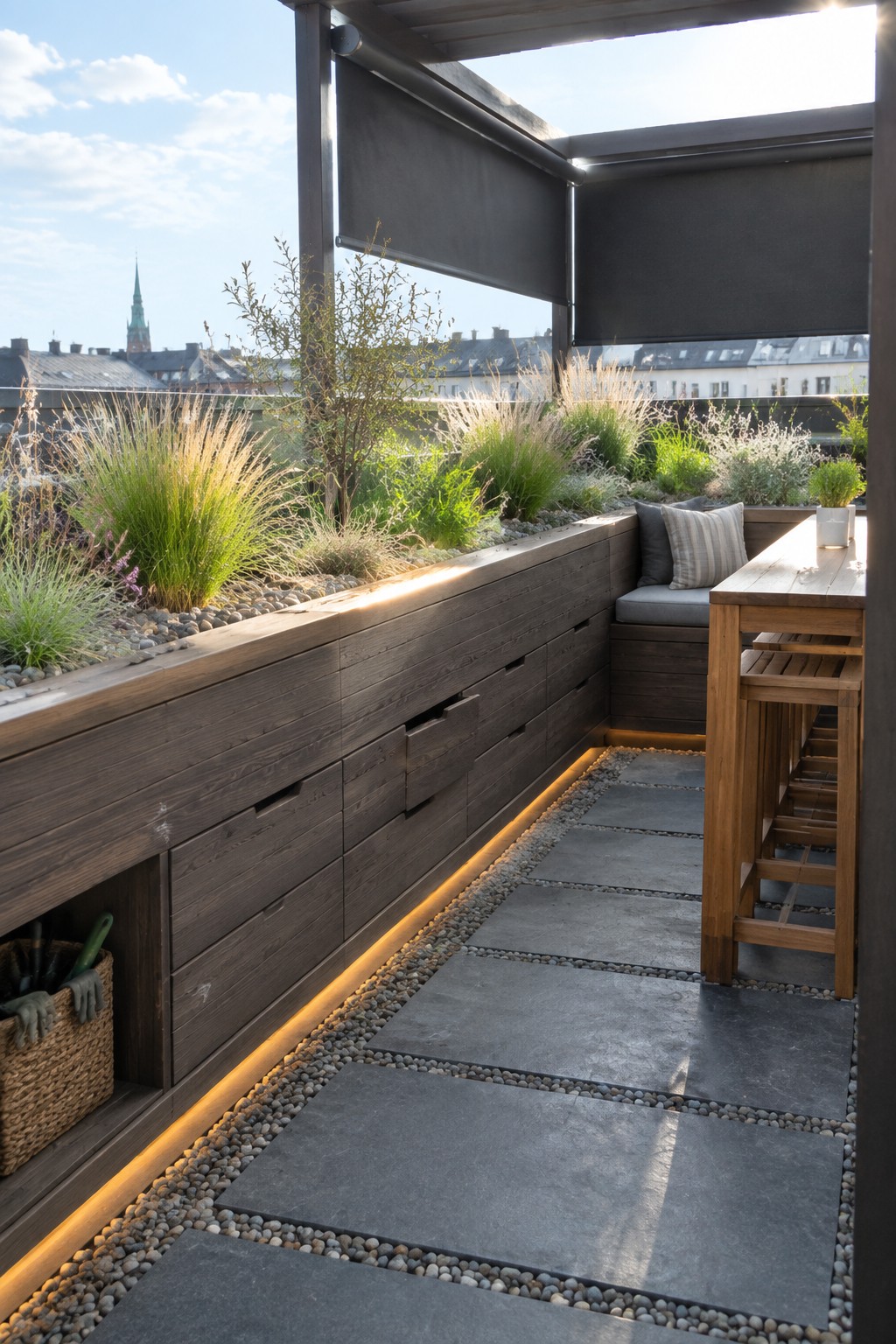 Rooftop terrace with wooden built-in bench and planter wall featuring integrated drawers, gray stone pavers, and retractable black shade screens.