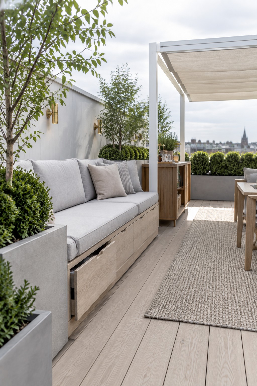 Modern rooftop terrace with built-in gray sofa, wooden deck, rug, and plants.