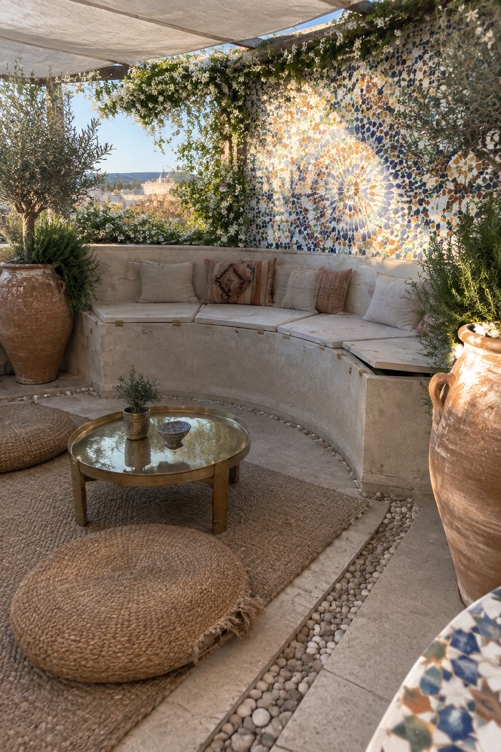 Curved stone bench with cushions against colorful mosaic wall on sunny patio