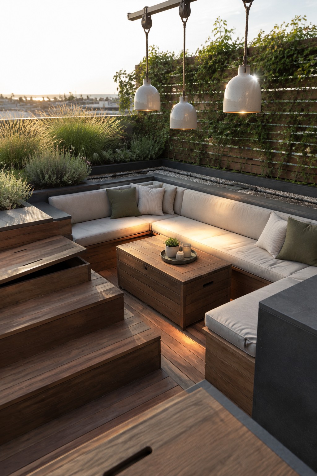 Modern rooftop deck with L-shaped sofa, wooden table, hanging lamps, and sunset glow.