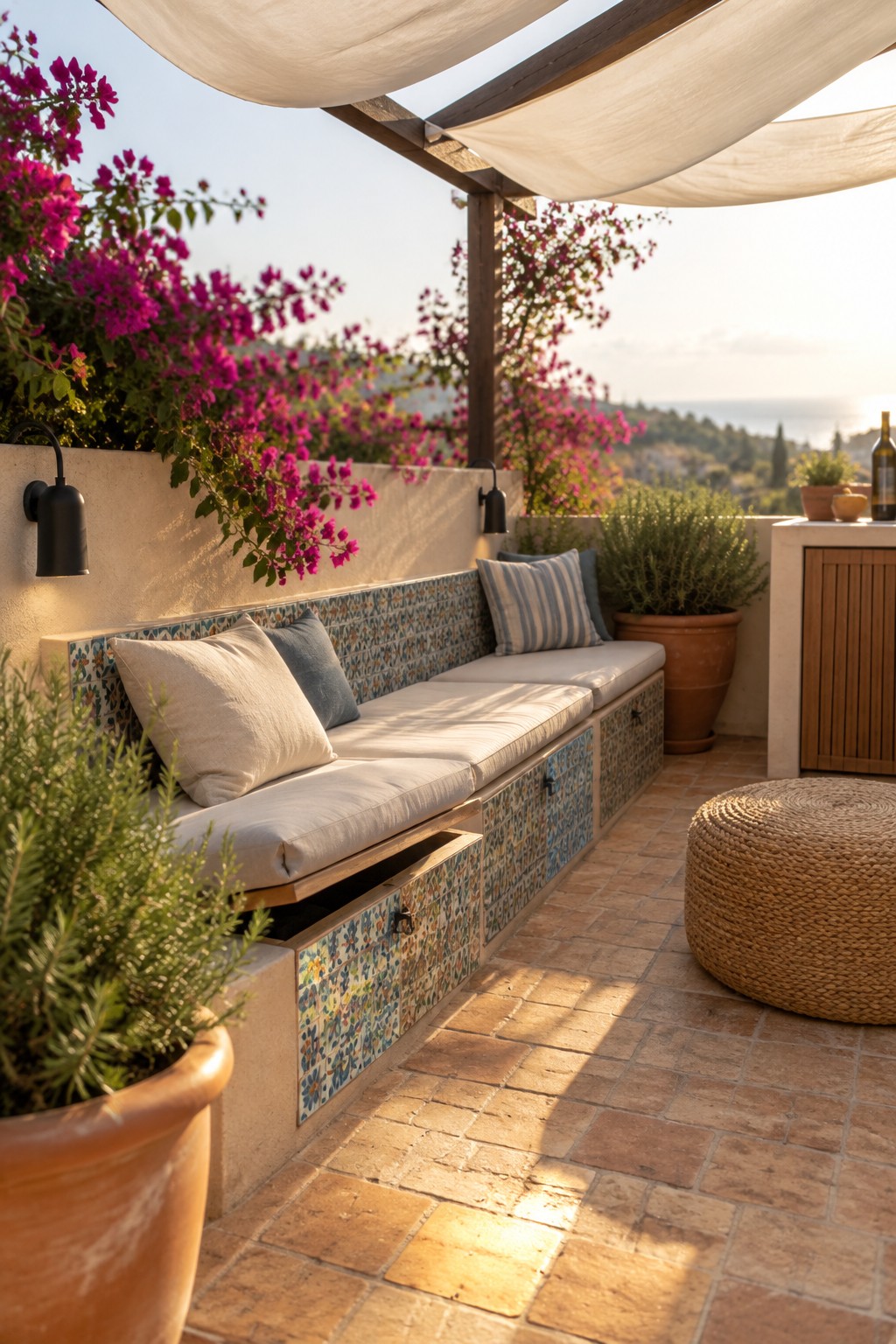 Sunlit patio bench with colorful tiles, white cushions, plants, and ocean view