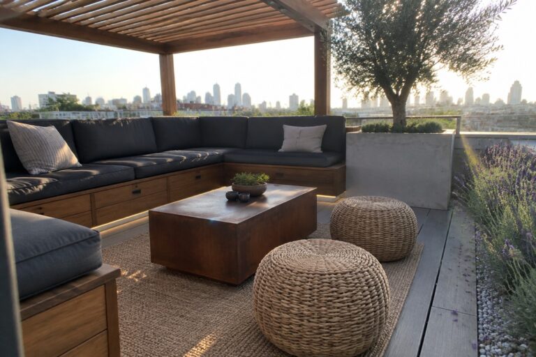 21 Functional Roof Garden Seating Ideas Designed Around Shade and Hidden Storage Modern rooftop patio with sectional sofa, metal table, woven poufs, and city skyline view.