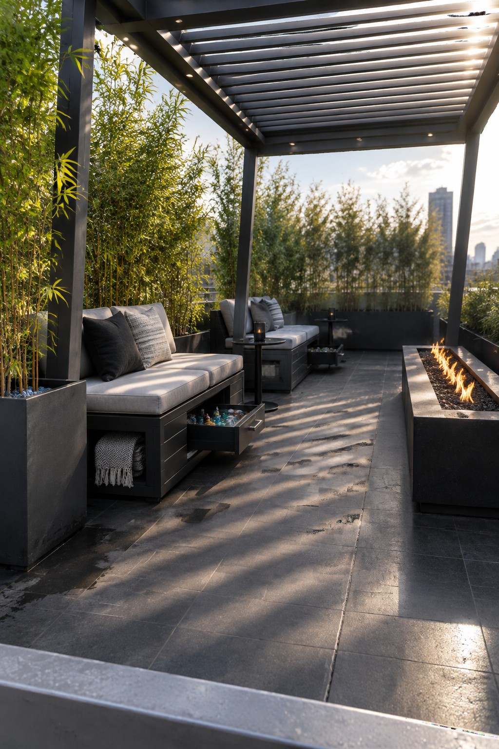 Rooftop patio with dark modular seating under a slatted pergola, an open storage drawer under one bench holding bottles, and a linear fire pit on the right.