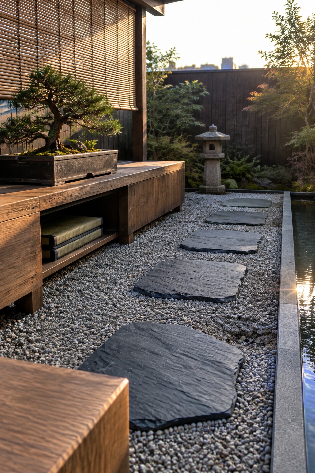 A wooden bench with open lower shelves holding folded cushions sits beside a gravel path lined with large stepping stones, a potted bonsai, and a stone lantern.