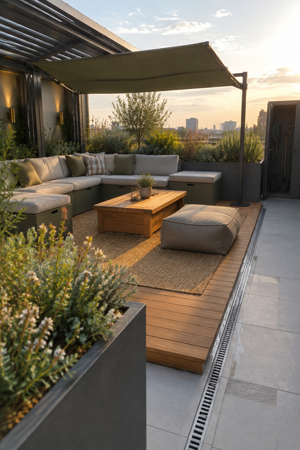 Modern rooftop patio with L-shaped sofa, wooden table, beige pouf, green awning at sunset