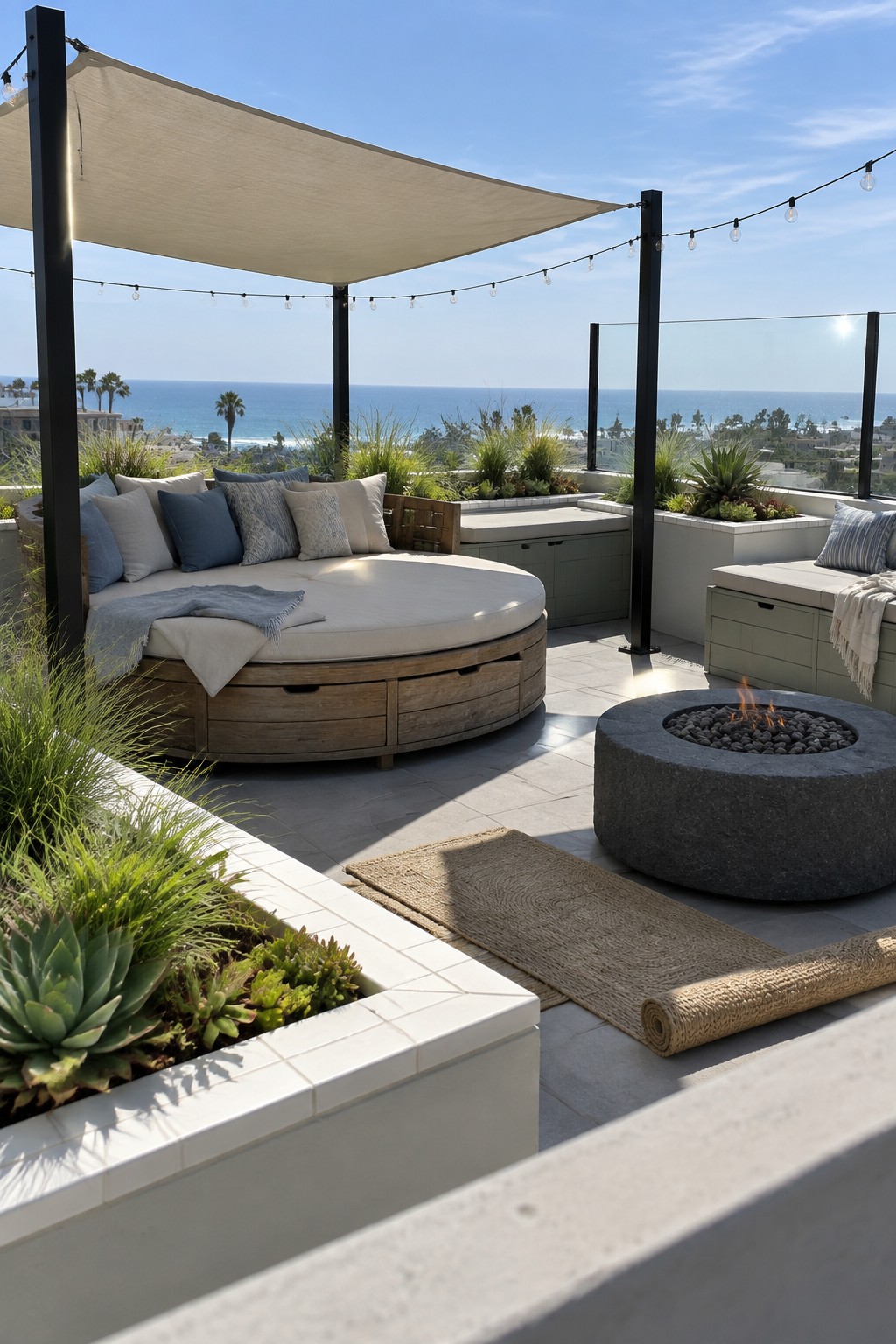 A rooftop terrace with a round wooden daybed featuring storage drawers, a stone fire pit, built-in benches with cushions, a shade sail, and ocean views in the background.