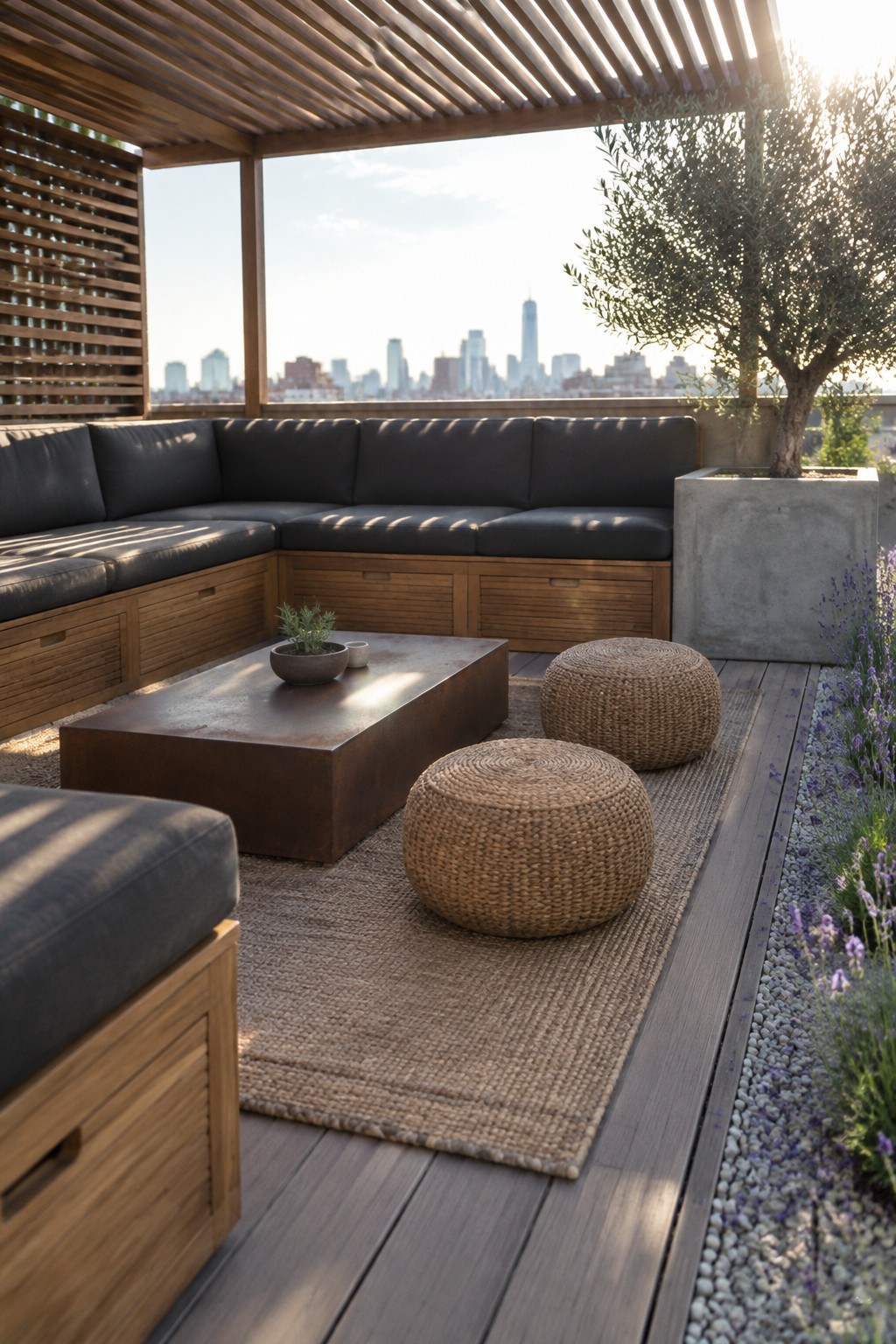 Modern rooftop patio with sectional sofa, metal table, woven poufs, and city skyline view.