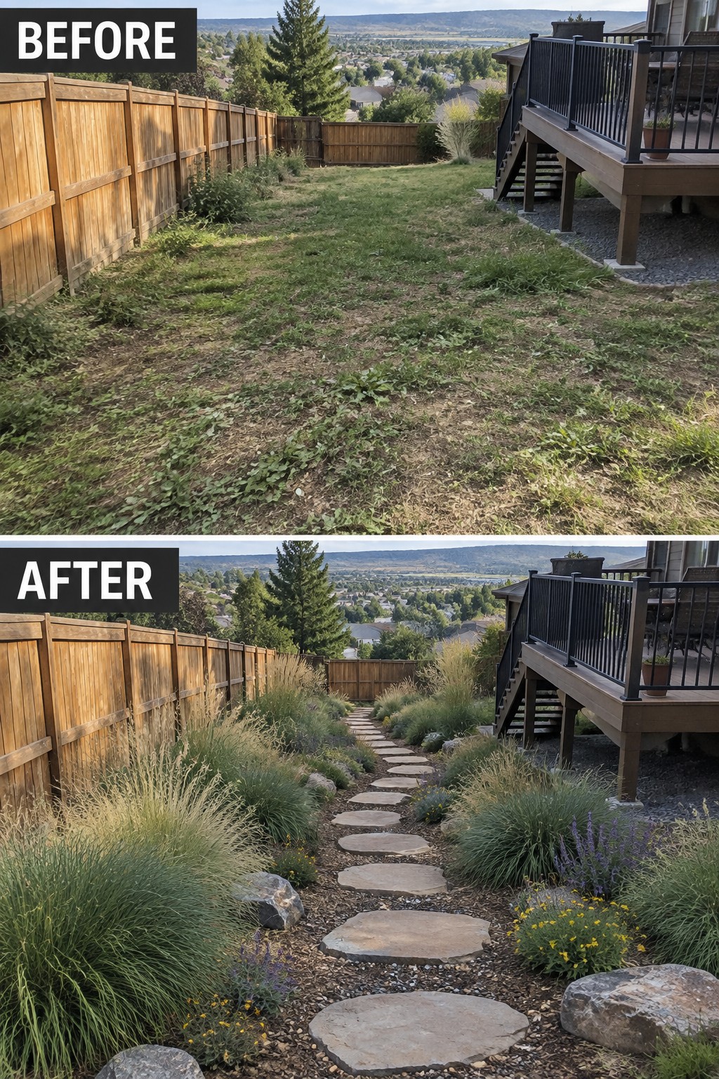 Before and after backyard: overgrown weeds transformed into stone path with grasses and flowers